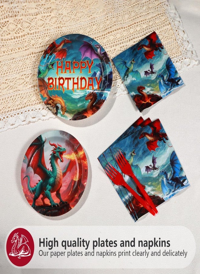 Grencian 96Pcs Dragon Birthday Party Supplies - Red Fire Dragon Party Plates and Napkins Disposable Dragons Theme Dessert Tableware Set for Kids Boys Fantasy Birthday Supplies Serves 24 - Image 3